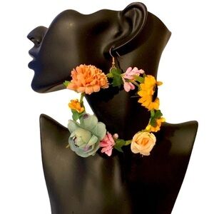 OVERSIZE Silk Flower Hoop Pierced Earrings Multicolor